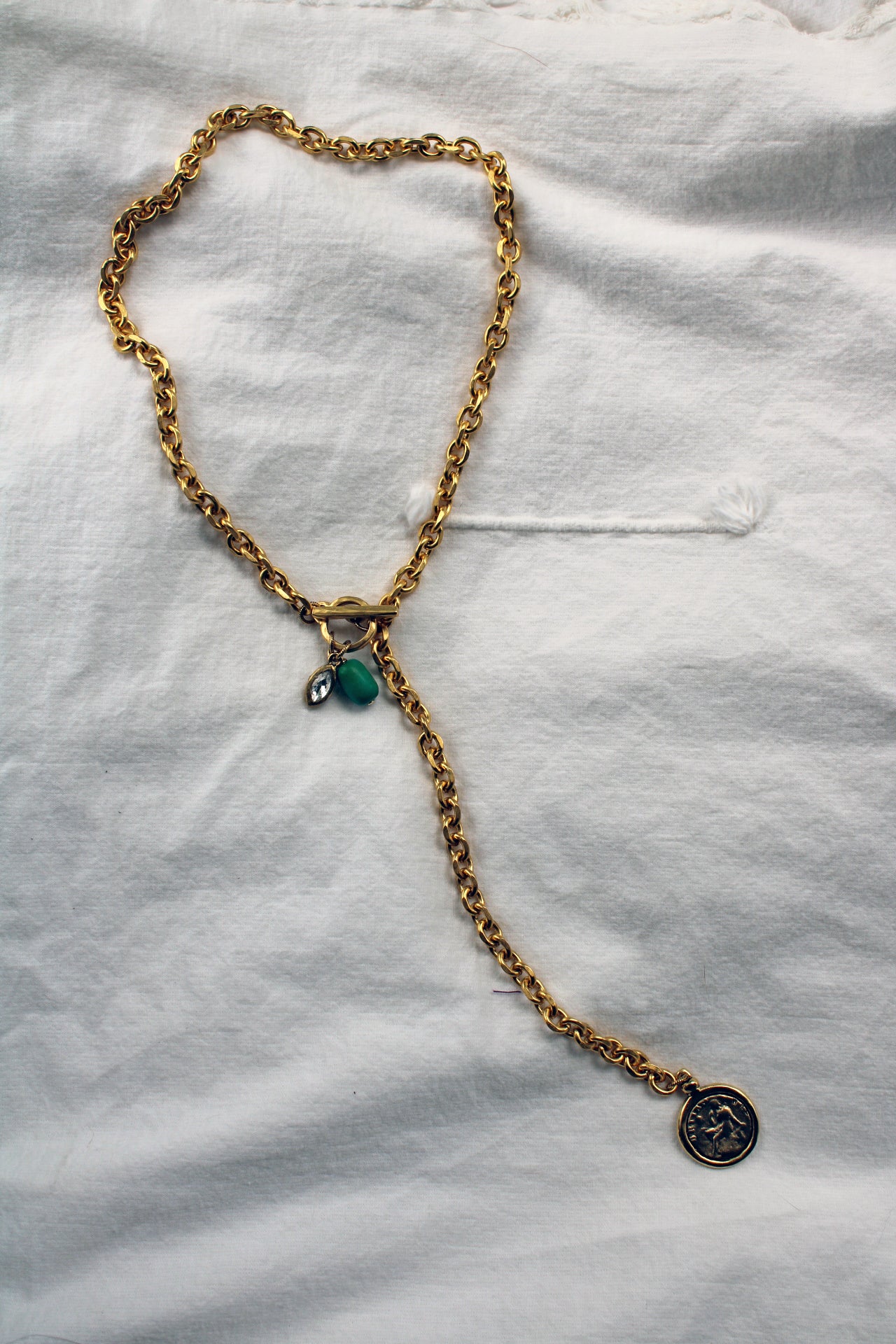 Vintage Grecian Coin & Jade Lariat Chain Necklace