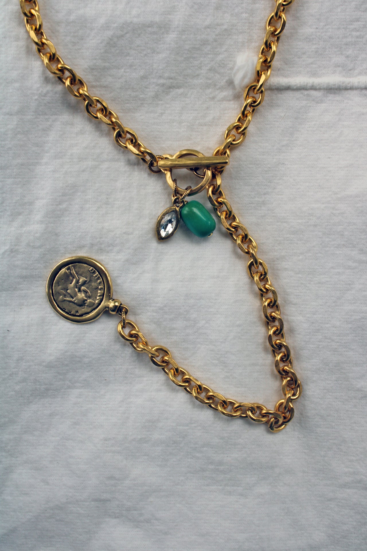 Vintage Grecian Coin & Jade Lariat Chain Necklace