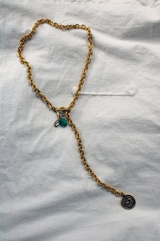 Vintage Grecian Coin & Jade Lariat Chain Necklace